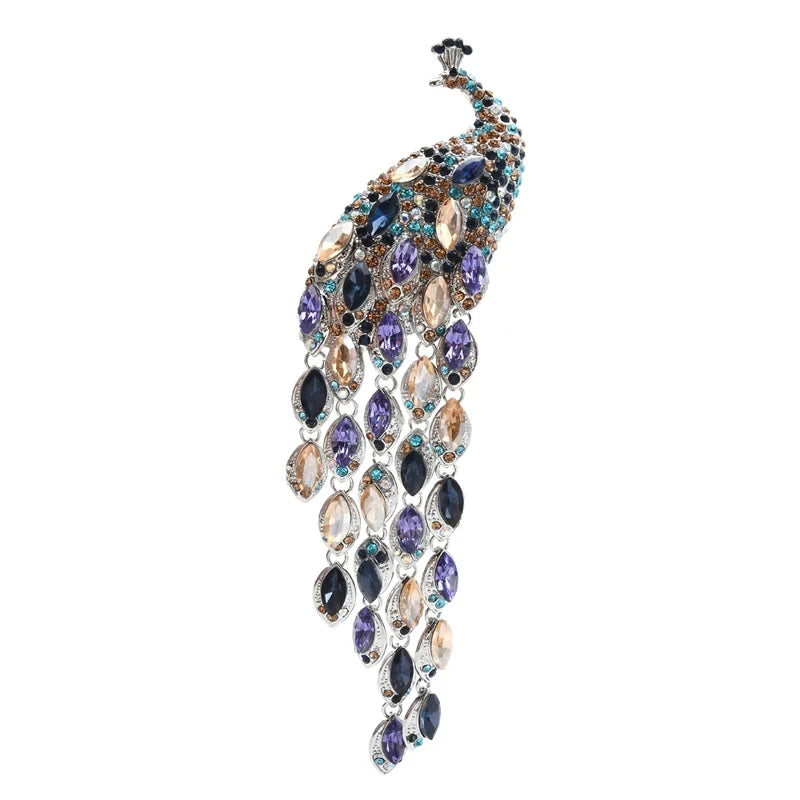 Cascading Crystal-Look Peacock Brooch