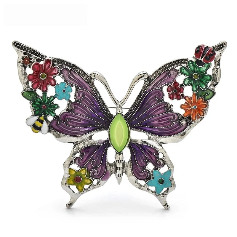 Vintage-Style Floral Enamel Butterfly Brooch — Purple