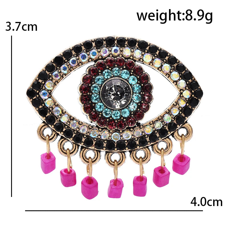 Jeweled Eye with Pink Bead Fringe Brooch — dimensions
