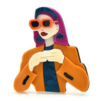 Fashion Lady in Sunglasses and Jacket Acrylic Brooch — Orange