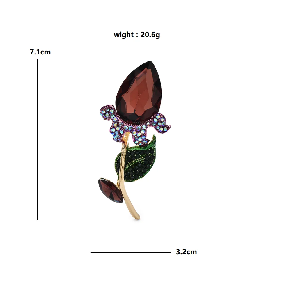 Faceted Tulip with Jeweled Leaves Brooch — dimensions