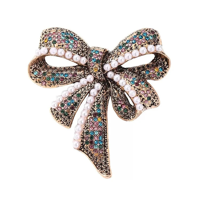 Vintage-Style Rhinestone Bow with Pearl-Look Beads Brooch — Multicolor Bow