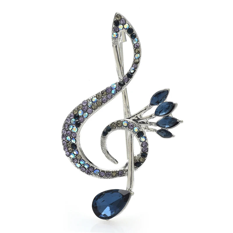 Blue Crystal-Look Treble Clef Brooch