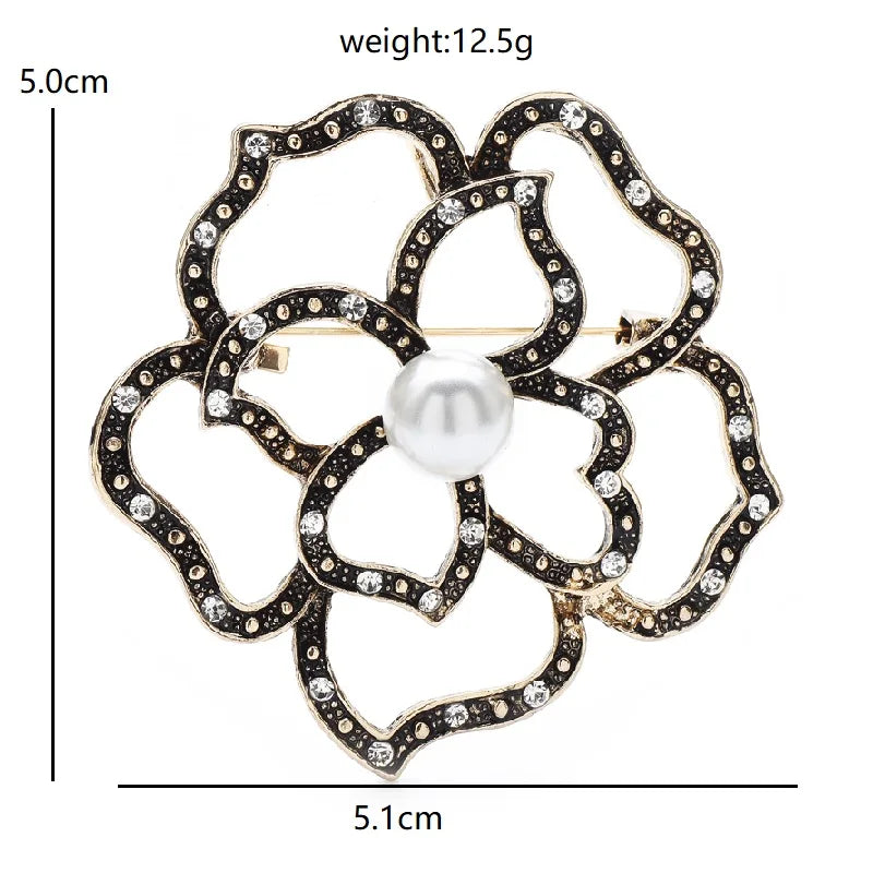 Rhinestone Openwork Rose with Pearl-Look Center Brooch — dimensions