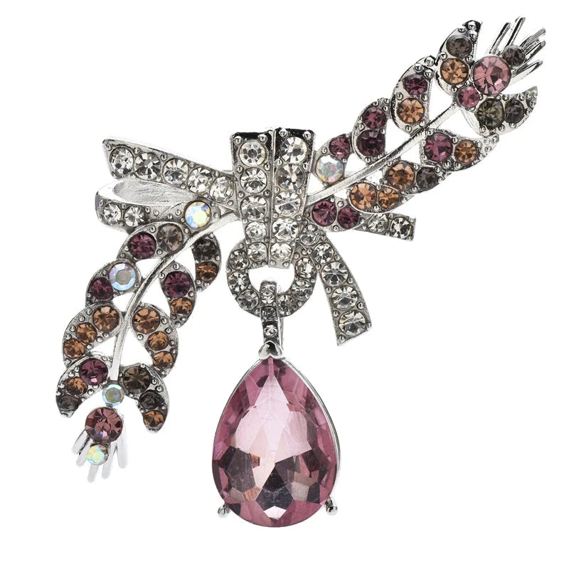 Jeweled Wheat Spray with Bow and Drop Brooch — Pink