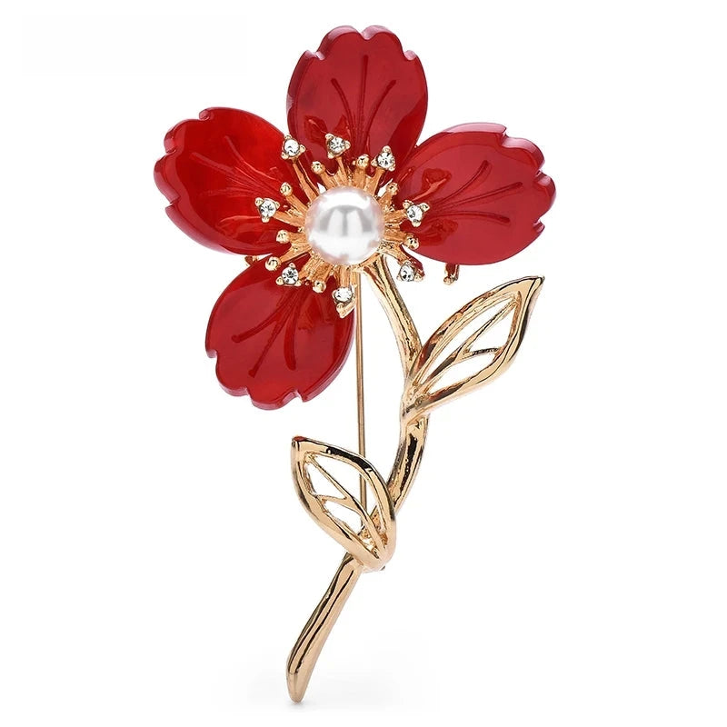 Pearl-Look Flower on Twisted Stem Brooch — Red