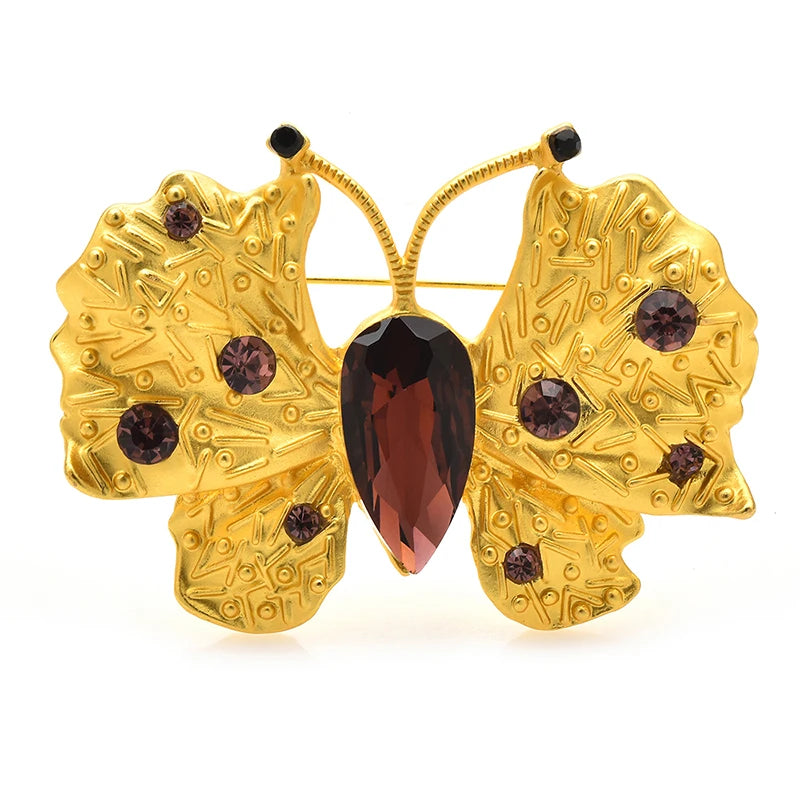 Textured Golden Butterfly with Brown Faceted Accents Brooch — Golden Butterfly & Brown Accents