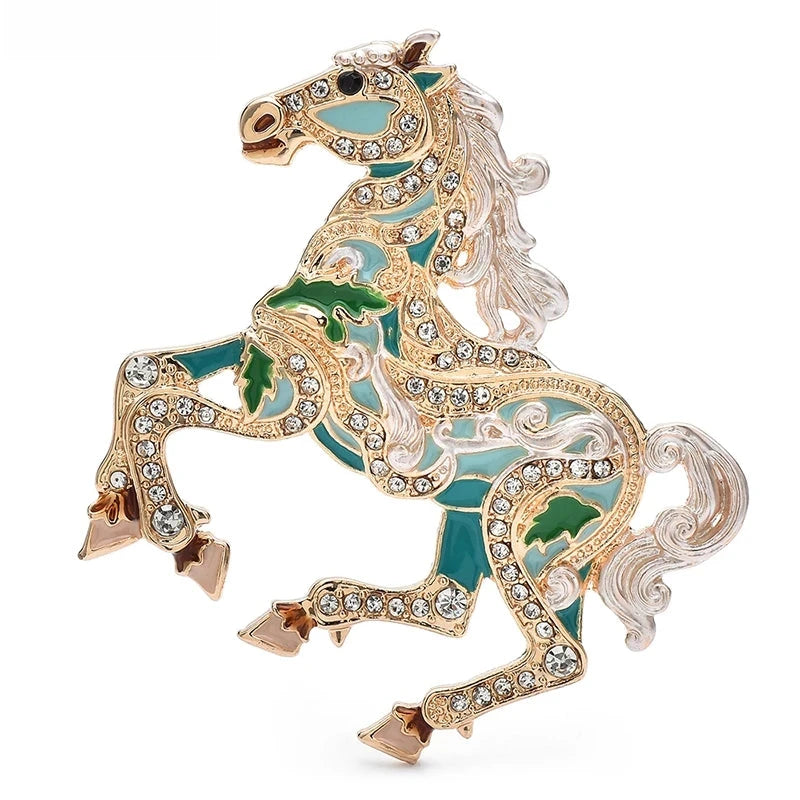 Colorful Jeweled Running Horse Brooch — Green