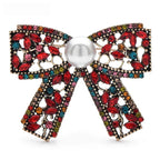 Vintage-Style Rhinestone Bow with Pearl-Look Center Brooch — Red