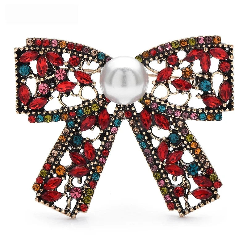 Vintage-Style Rhinestone Bow with Pearl-Look Center Brooch — Red