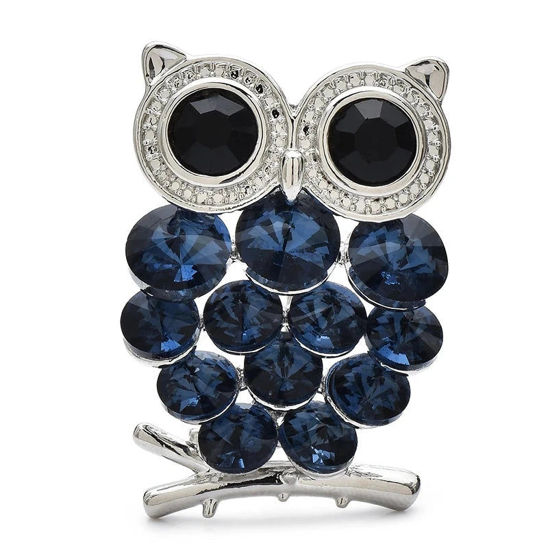 Jeweled Owl with Round Eyes Brooch — Navy