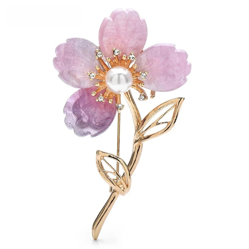 Pearl-Look Flower on Twisted Stem Brooch — Purple
