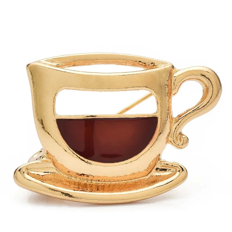 Enamel Coffee Cup and Saucer Brooch — Gold