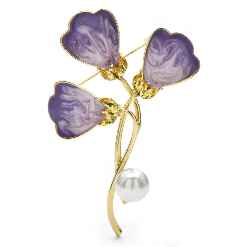 Enamel Ginkgo Leaf Spray with Pearl-Look Drop Brooch — Purple