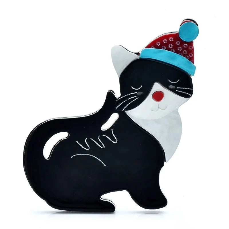 Black Acrylic Cat in Festive Hat Brooch — Festive Cat