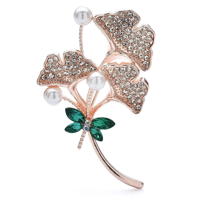 Ginkgo Branch with Jeweled Dragonfly Brooch — Green