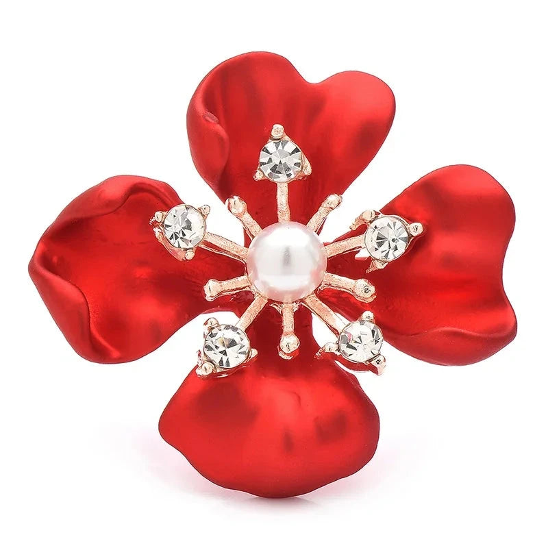Red Enamel Flower with Pearl-Look Center Brooch — Red Flower