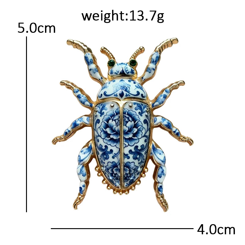 Blue and White Floral Beetle Brooch