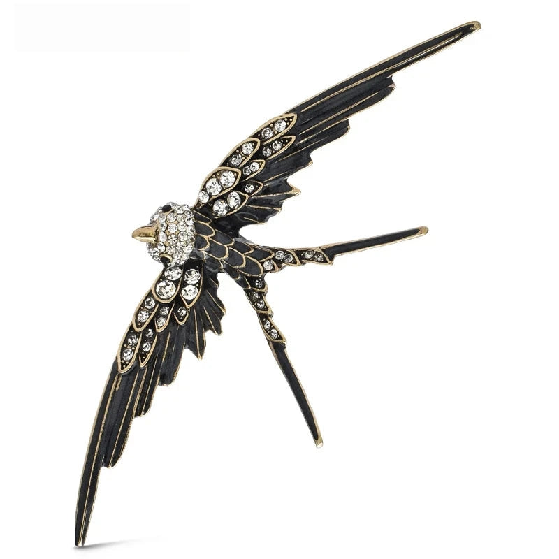 Large Enamel Swallow with Rhinestones Brooch — Black