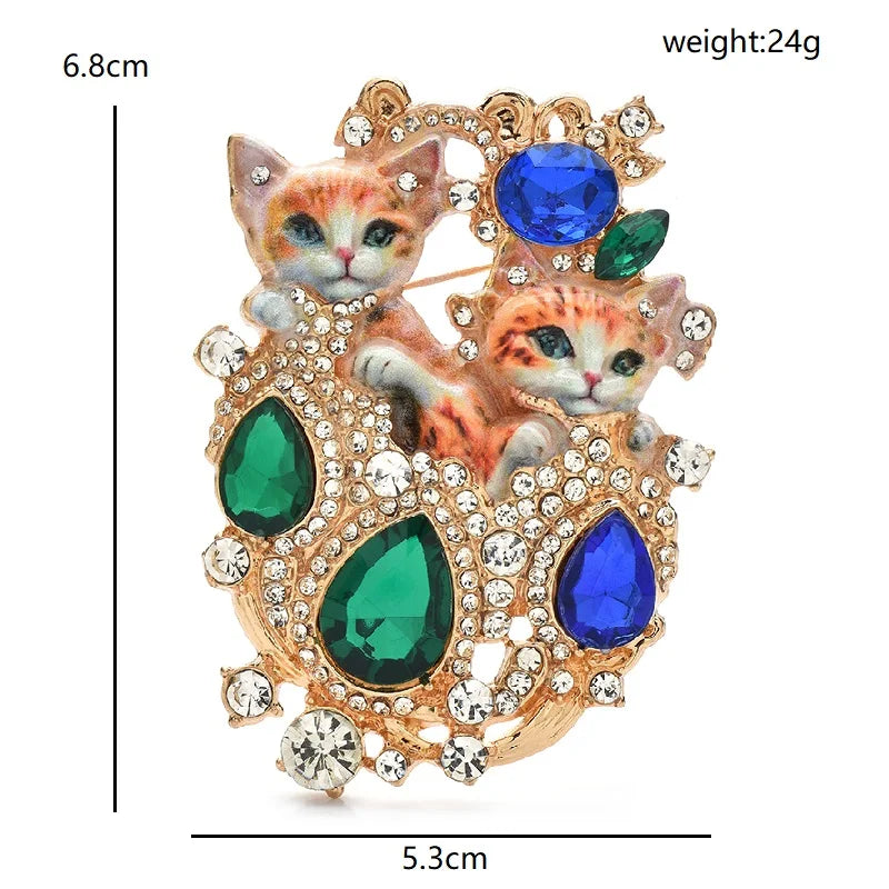 Ornate Jeweled Cat Pair Brooch dimensions and weight