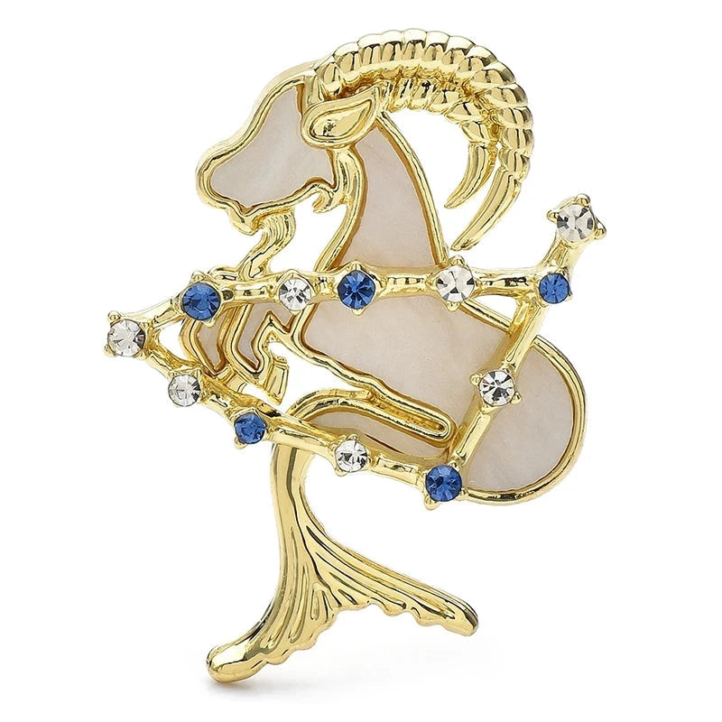 Aries Goat with Blue Star Accents Brooch — Gold