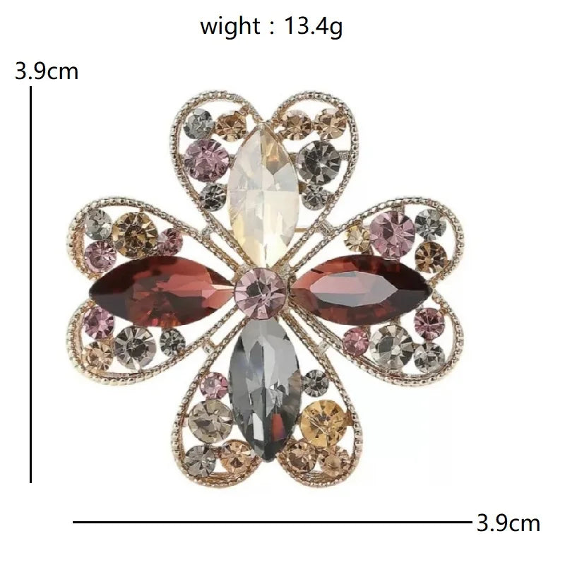Jeweled Floral and Clover Motif Brooch