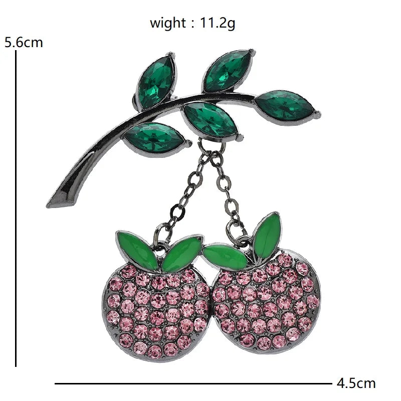 Rhinestone Cherries on Leafy Branch Brooch — dimensions