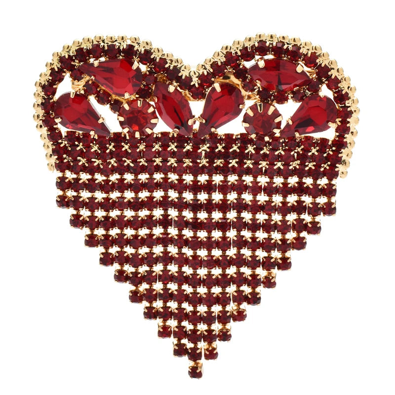 Jeweled Heart with Beaded Fringe Brooch — Red