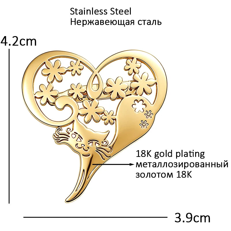 Floral Heart with Cat Silhouette Brooch