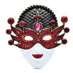 Jeweled Masquerade Face with Enamel Lips Brooch — Red