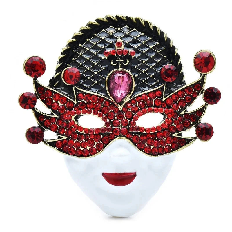 Jeweled Masquerade Face with Enamel Lips Brooch — Red