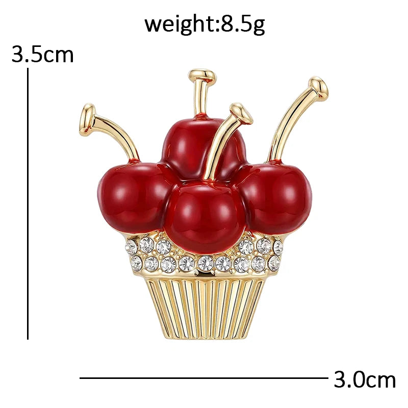 Cherry Topped Rhinestone Cupcake Brooch