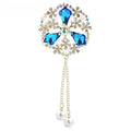 Ornate Faceted Flower with Pearl-Look Tassels Brooch — Blue