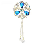 Ornate Faceted Flower with Pearl-Look Tassels Brooch — Blue