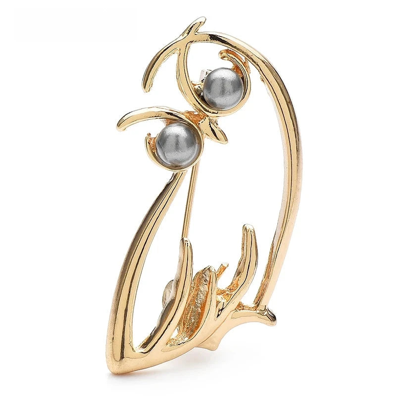 Pearl-Look Minimalist Owl Brooch — Gold