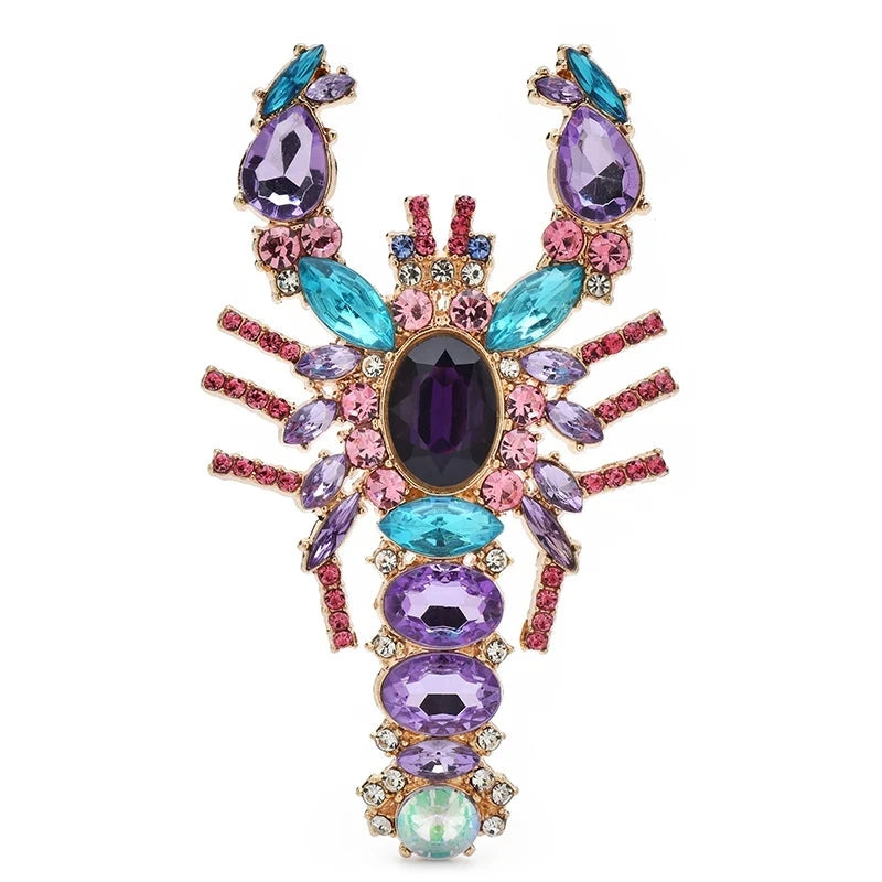 Jeweled Lobster with Faceted Stones Brooch — Purple
