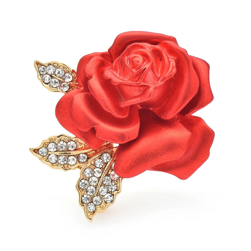 Red Rose with Rhinestone Leaves Brooch