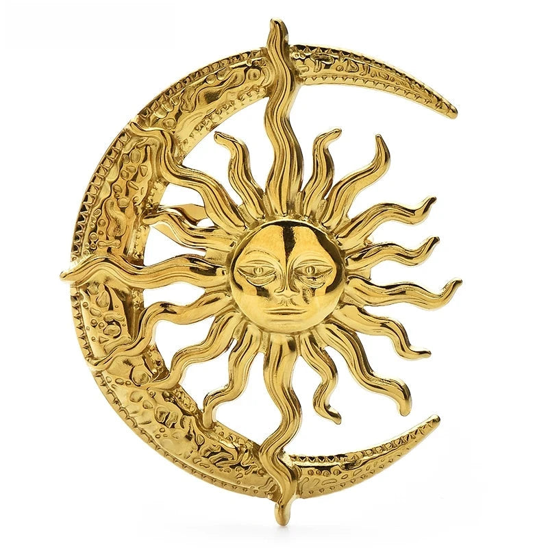 Sculptural Sun and Crescent Moon Brooch — Gold
