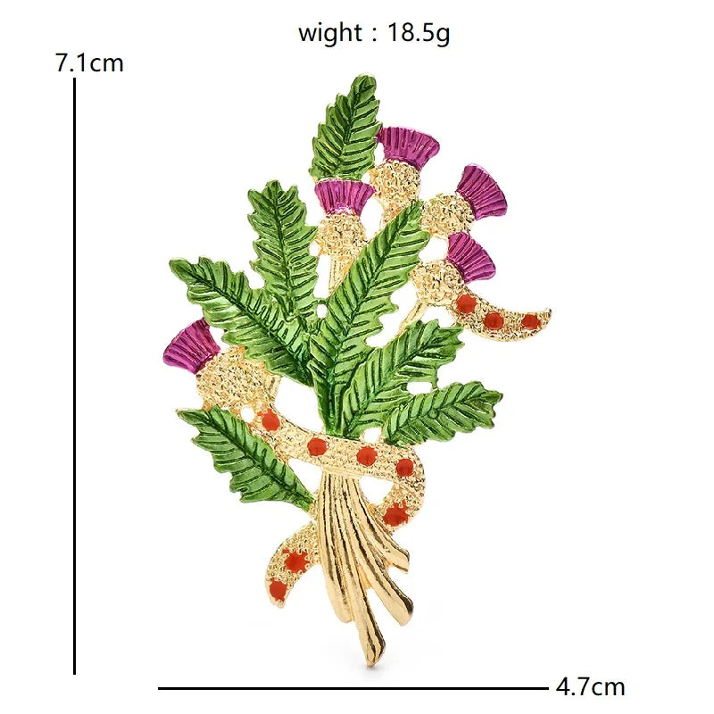 Enamel Thistle Bouquet with Ribbon Bow Brooch — dimensions
