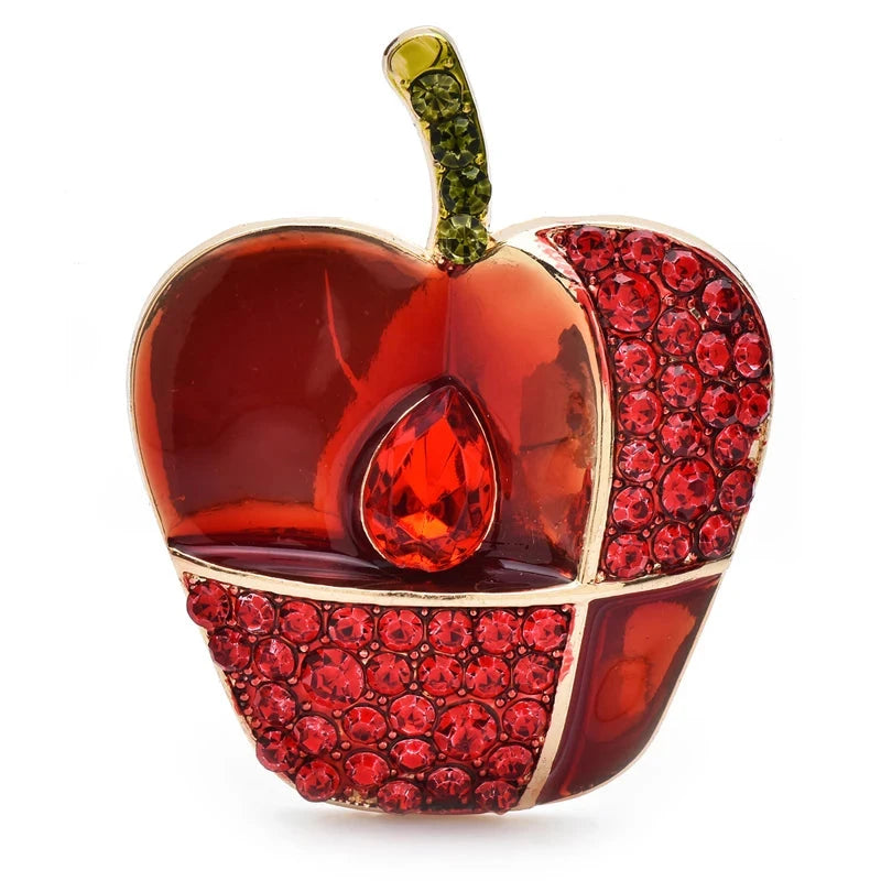 Enamel Apple with Patchwork Rhinestones Brooch — Red