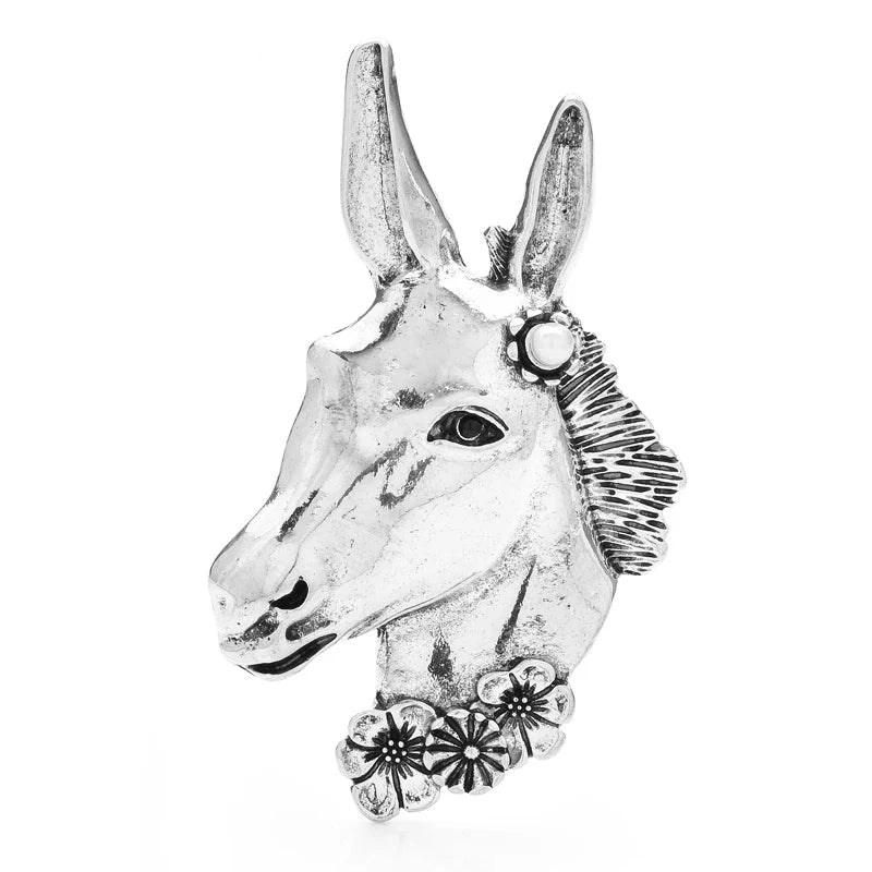 Long-Eared Equine Head with Flowers Brooch — Silver Equine Head