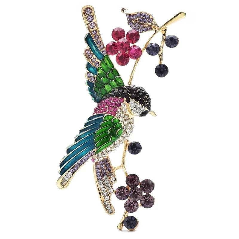 Jeweled Hummingbird on Berry Branch Brooch — Green