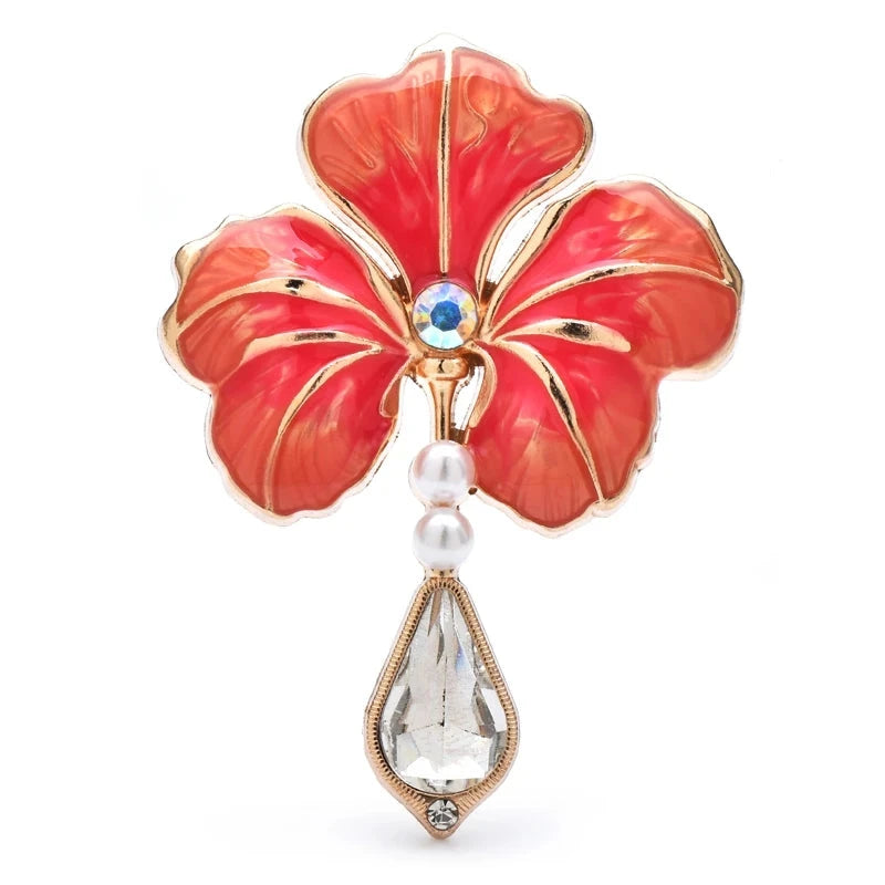 Enamel Flower with Teardrop Pendant Brooch — Coral Pink & Clear