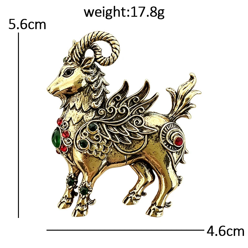Vintage Ornate Ram with Red Jewel Accents Brooch
