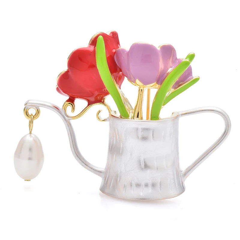 Tulip Watering Can with Pearl-Look Drop Brooch