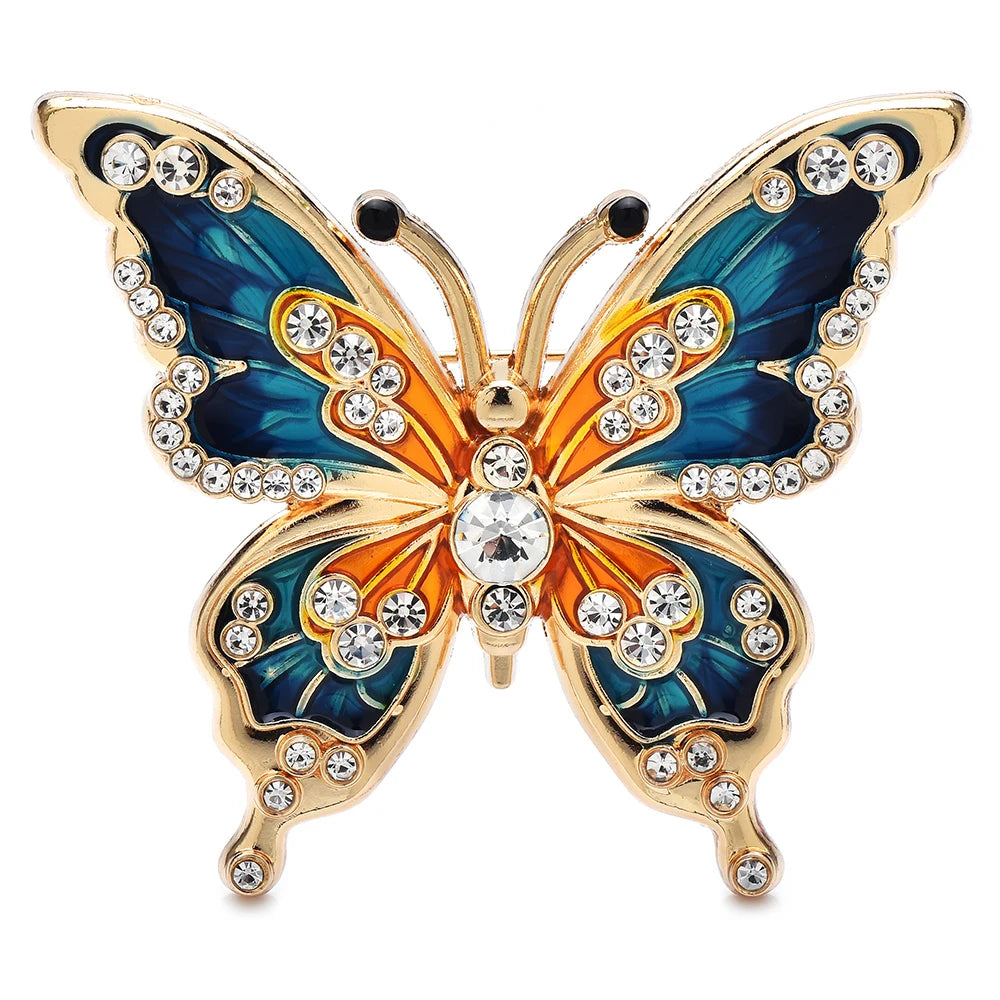 Patterned Enamel Butterfly with Jeweled Details Brooch — Blue & Orange