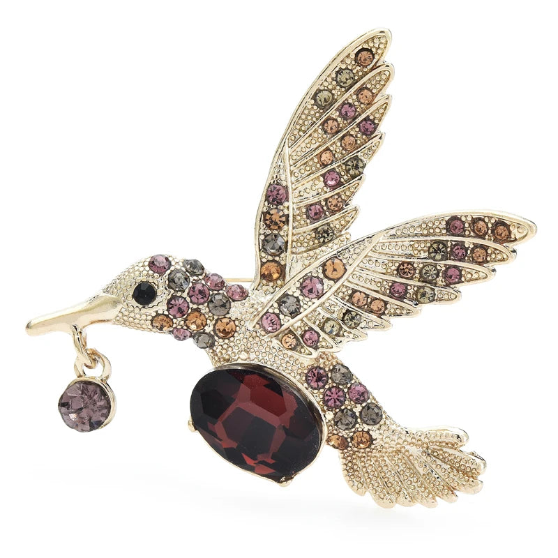 Faceted Hummingbird in Flight Brooch — Brown