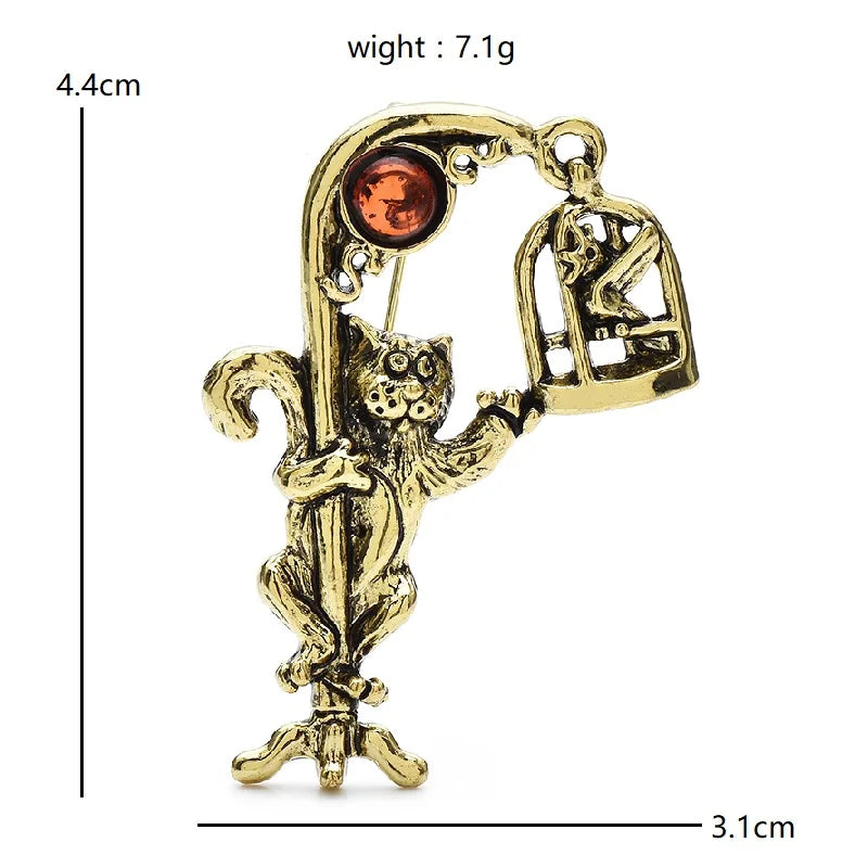 Vintage-Style Cat Reaching for a Birdcage Brooch — dimensions
