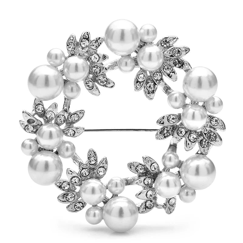 Pearl-Look Floral Wreath Brooch — Silver