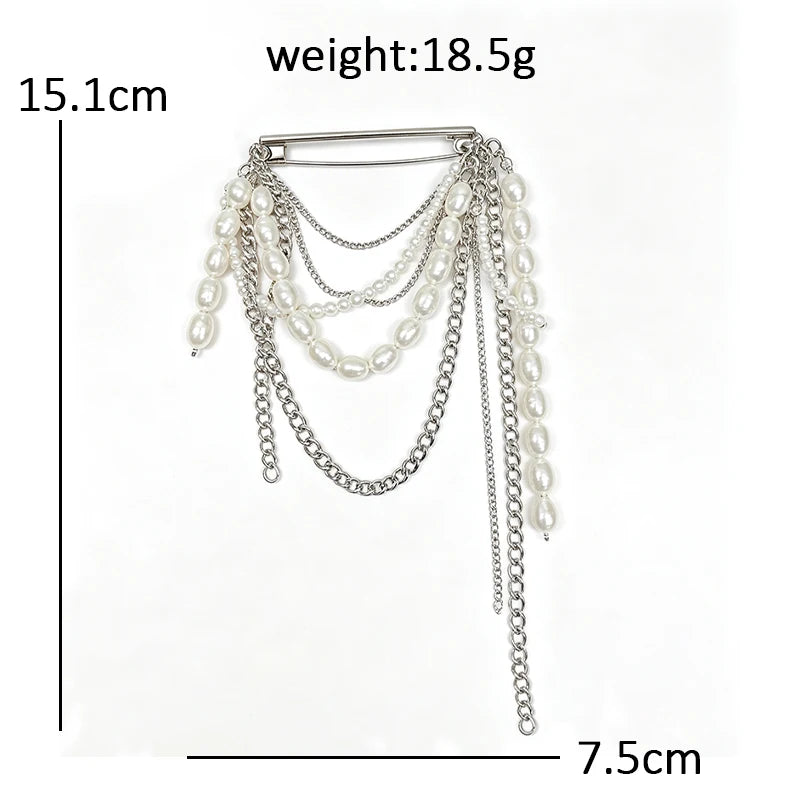 Draped Chain and Pearl-Look-Accent Pin Brooch